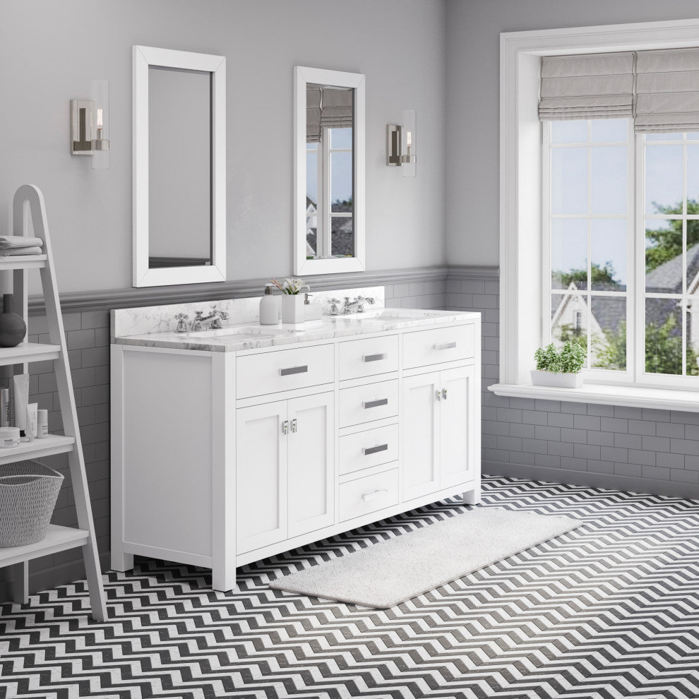 Madison Pure White Bathroom Vanity, 72", No Mirror, Two Faucets