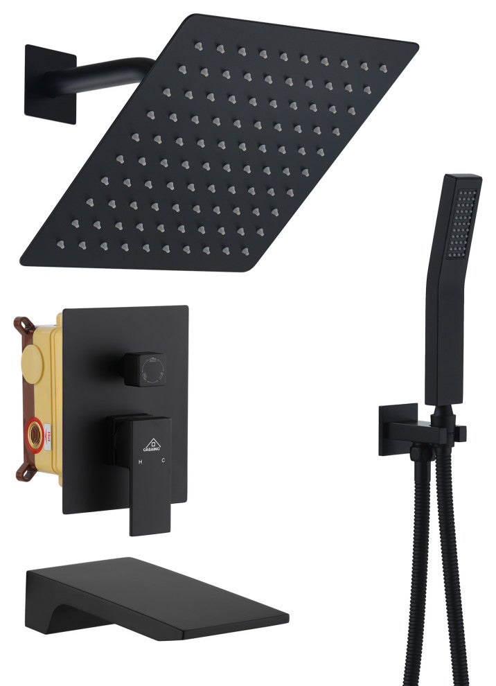 10inch Wall Mounted Shower System with Handheld Shower and Tub Spout, Matte Black