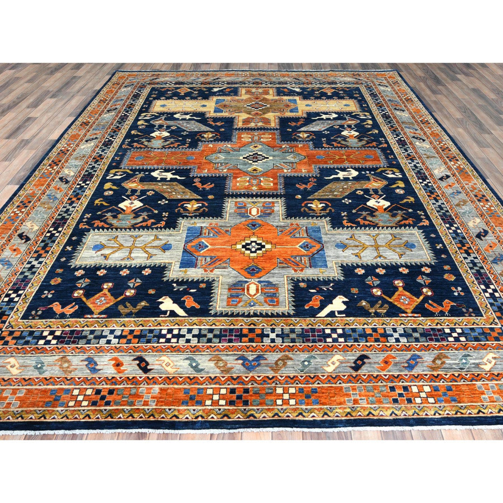 Navy Blue, Armenian Inspired Design 200 KPSI Wool Hand Knotted Rug, 9'1"x11'7"