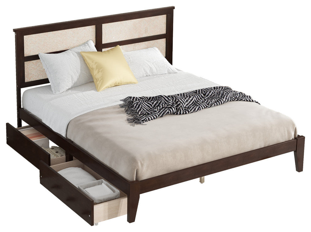 GDF Studio King Size Platform Bed, Rattan Headboard & Storage Drawers, Espresso