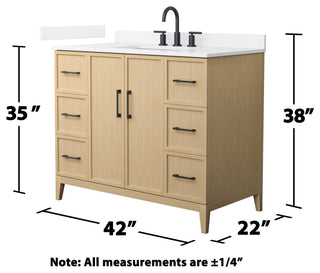 Elan 42" Single Vanity, White Oak, White Quartz Top, 3-Hole, Black Trim