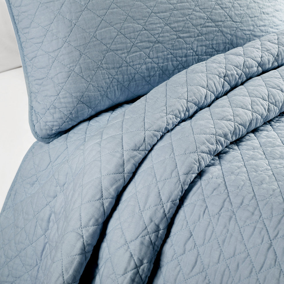 Ava Diamond Oversized Cotton 3-Piece Quilt Set, Blue, King