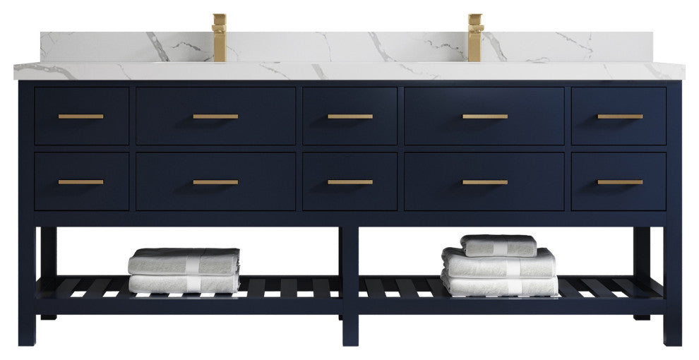 Parker 84 Double Sink Bathroom Vanity, Navy Blue 2" Calacatta Laza