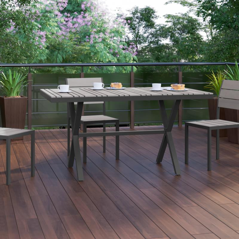 Finch Commercial Grade X-Frame 59" x 35.5" Outdoor Dining Table, Gray