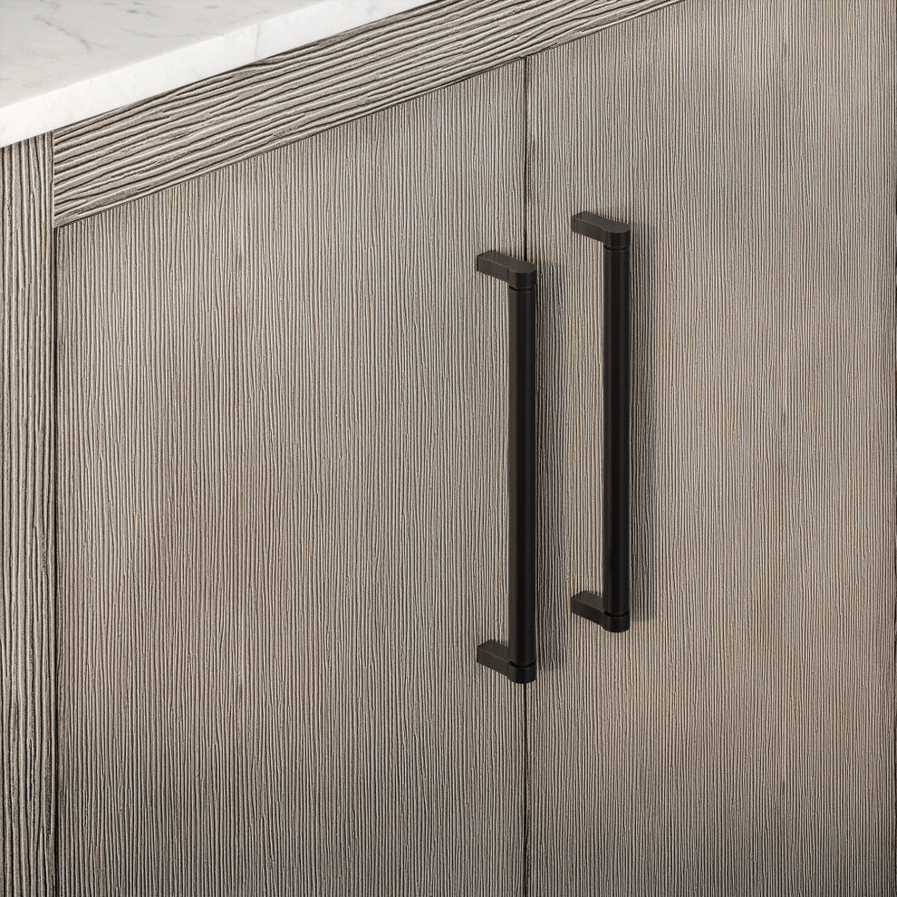 Hugo Carrara White Marble Countertop Bathroom Vanity in Grey Oak, Bronze Handle, 30", Vanity With Mirror