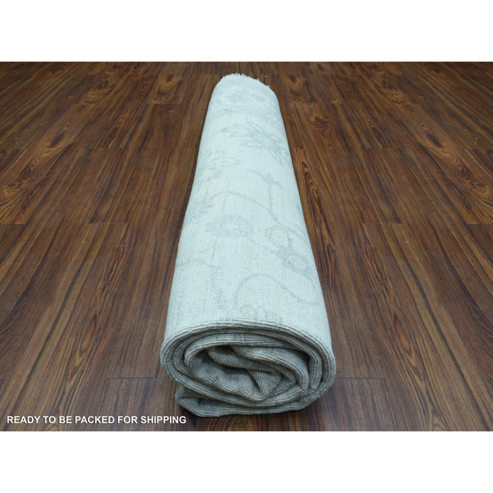 Ivory, White Wash Peshawar, Soft Wool Hand Knotted Round Rug, 7'10"x7'8"