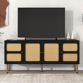 Gewnee  TV Stand with Rattan Door, Black