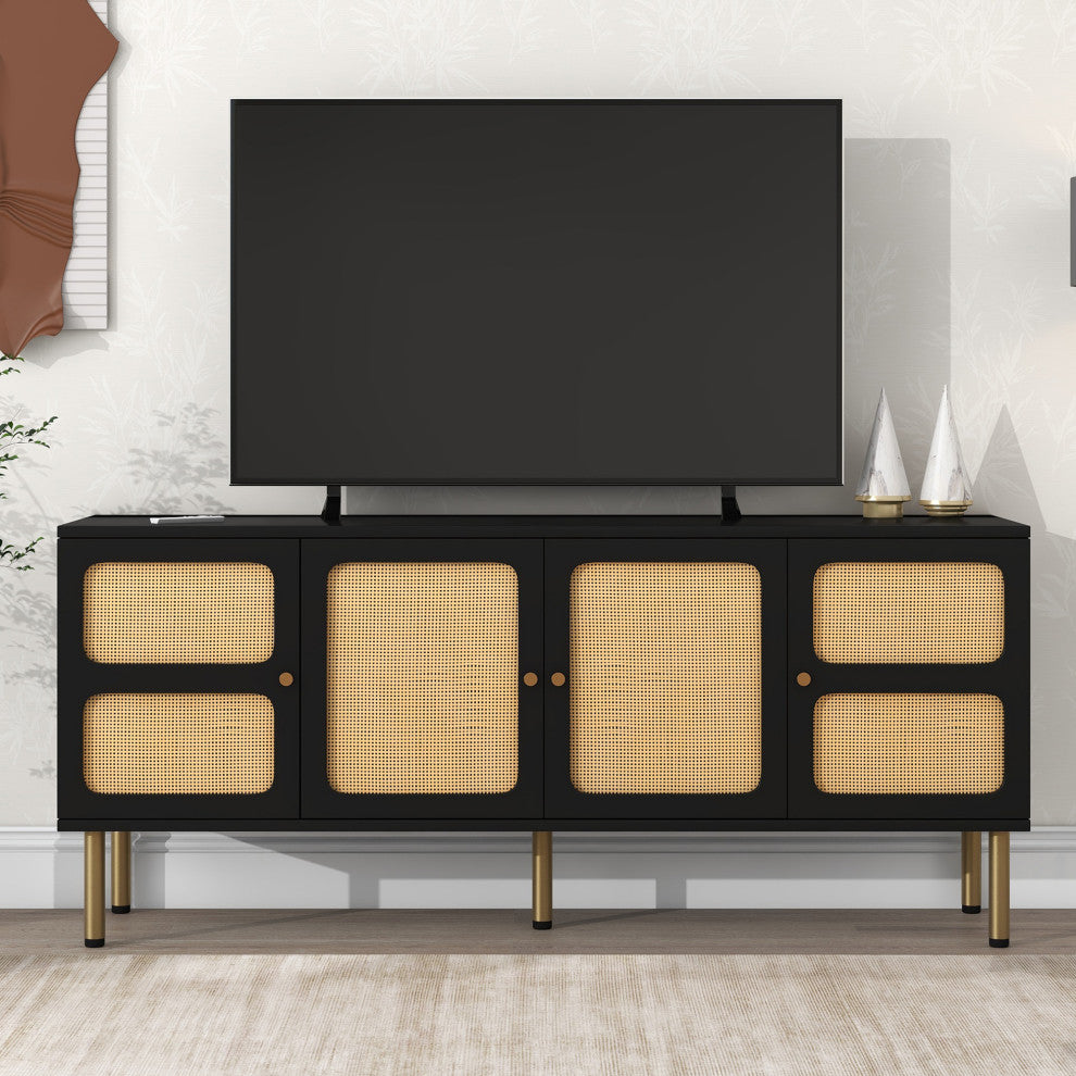 Gewnee  TV Stand with Rattan Door, Black