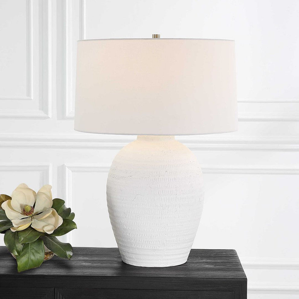 Classic Chalk White Carved Ceramic Table Lamp 29 in Matte Round Textured