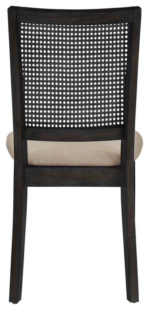 Arbor Hill Beige Linen Rattan Back Dining Chairs, Set of 2, Antique Black