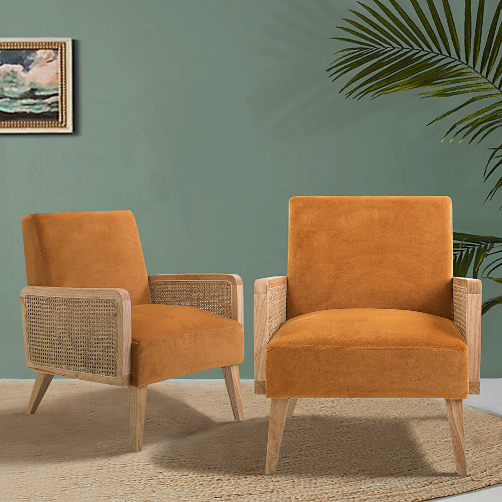 Cane Accent Chair With Rattan Arms Set of 2, Yellow
