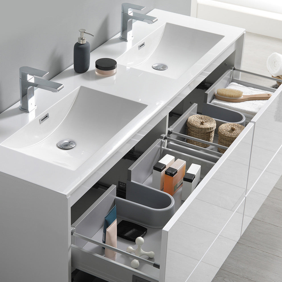 Fresca Catania 60" Gloss White Wall Hung Double Sink Vanity, Medicine Cabinet