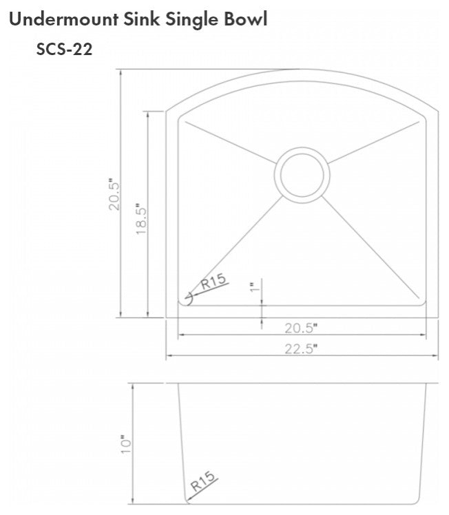 ZLINE 22 In. Under Mount Sink, Stainless Steel, Single Bowl, SCS-22