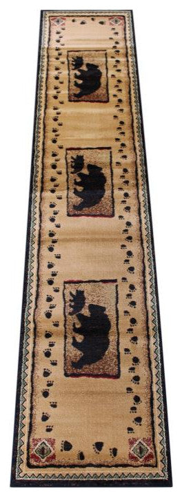 Matra Collection 2' x 10' Black Rustic Style Bear and Cub Area Rug