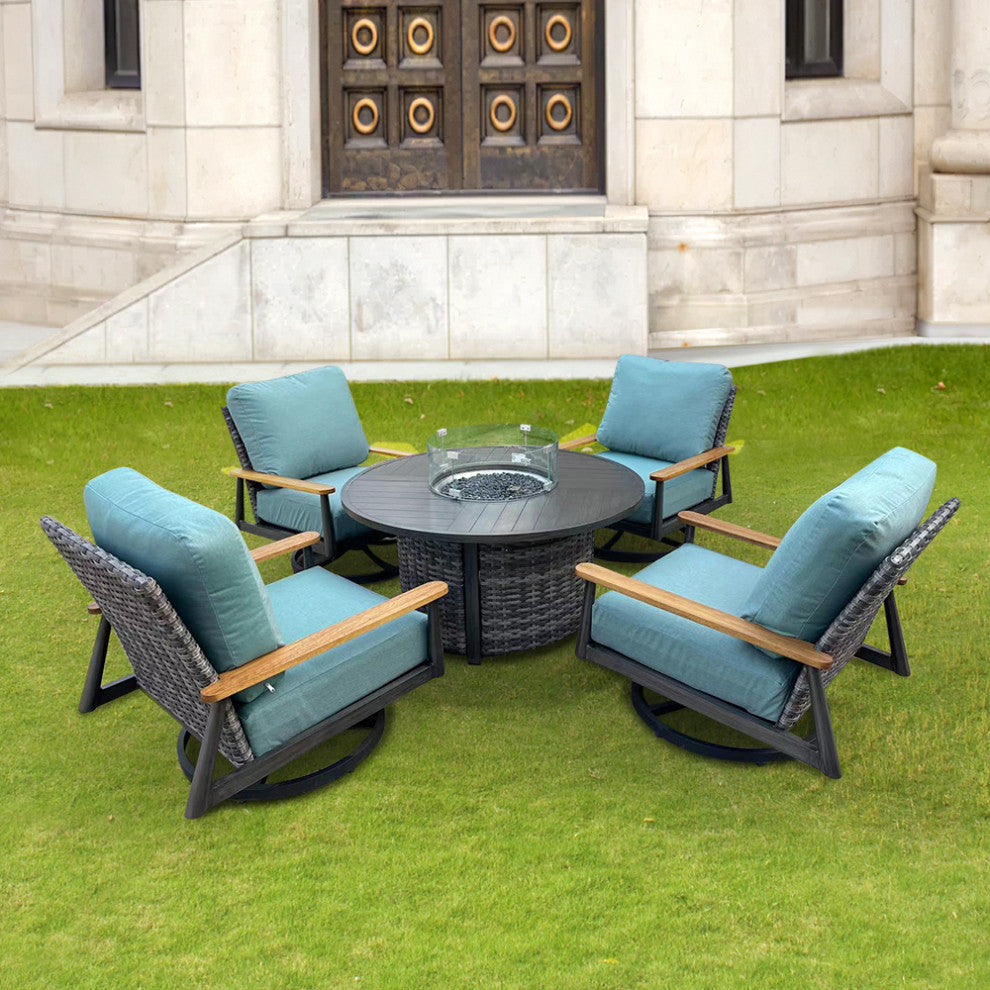 Manbo 5-Piece Aluminum Wicker Outdoor Fire Pit Deep Seating Set with Cushions, Cast Breeze Acrylic