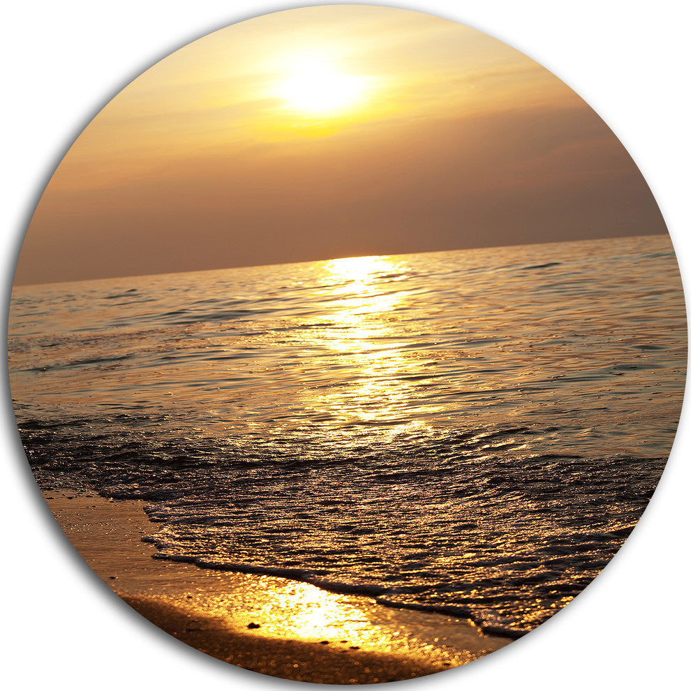 Gloomy Beach And Waters At Sunset, Beach Round Metal Wall Art, 11"