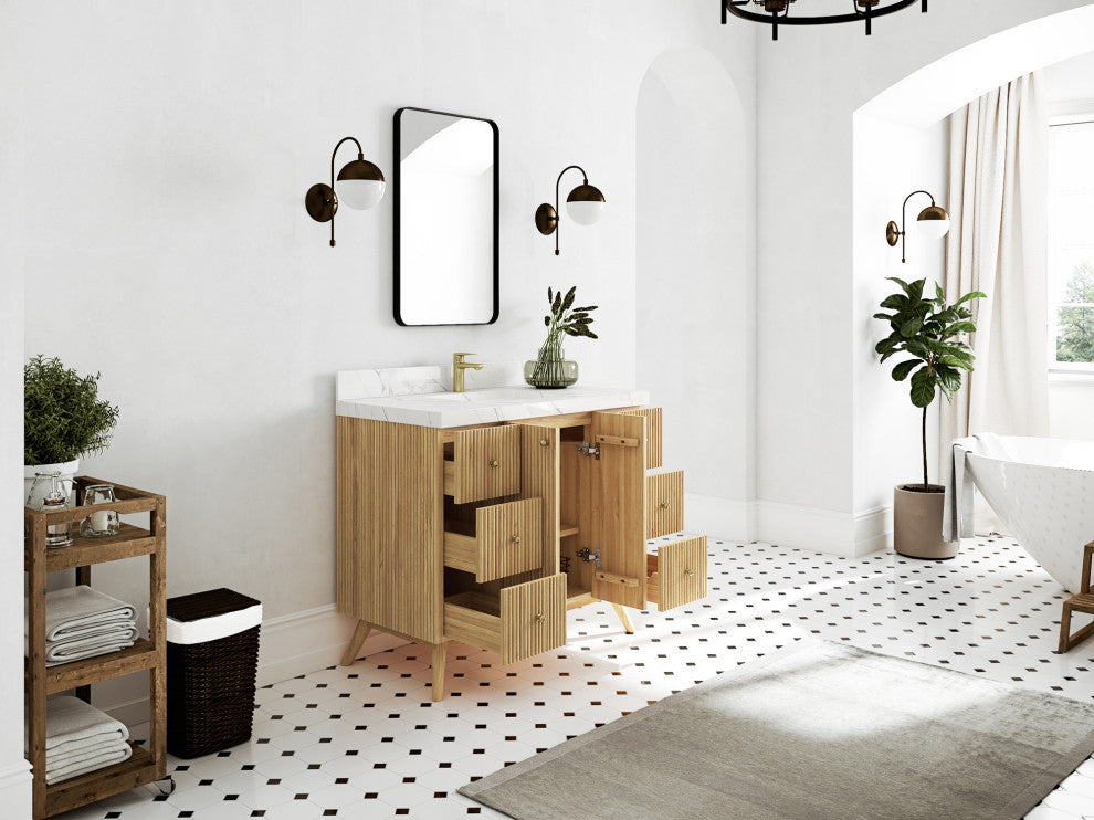 Pasadena 42 Single Sink Bath Vanity in Light Natural Teak 2" Carrara Quartz
