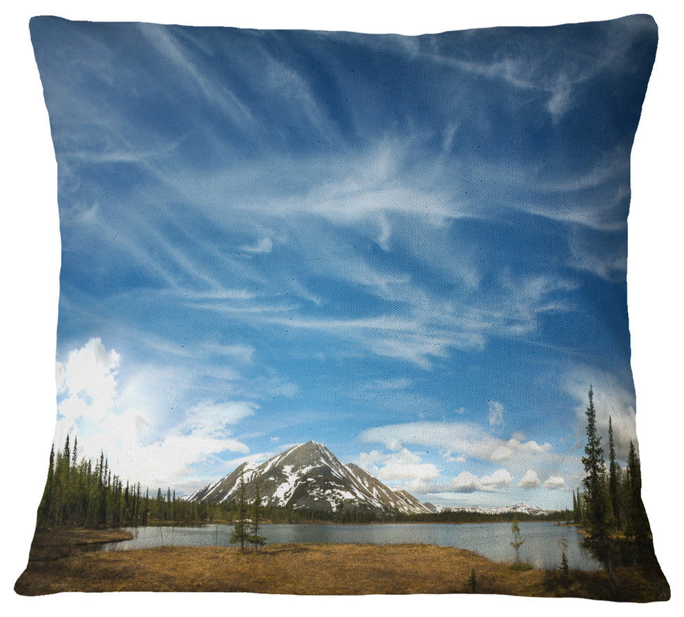 Mountain and Lake Under Blue Sky Seashore Throw Pillow, 18"x18"