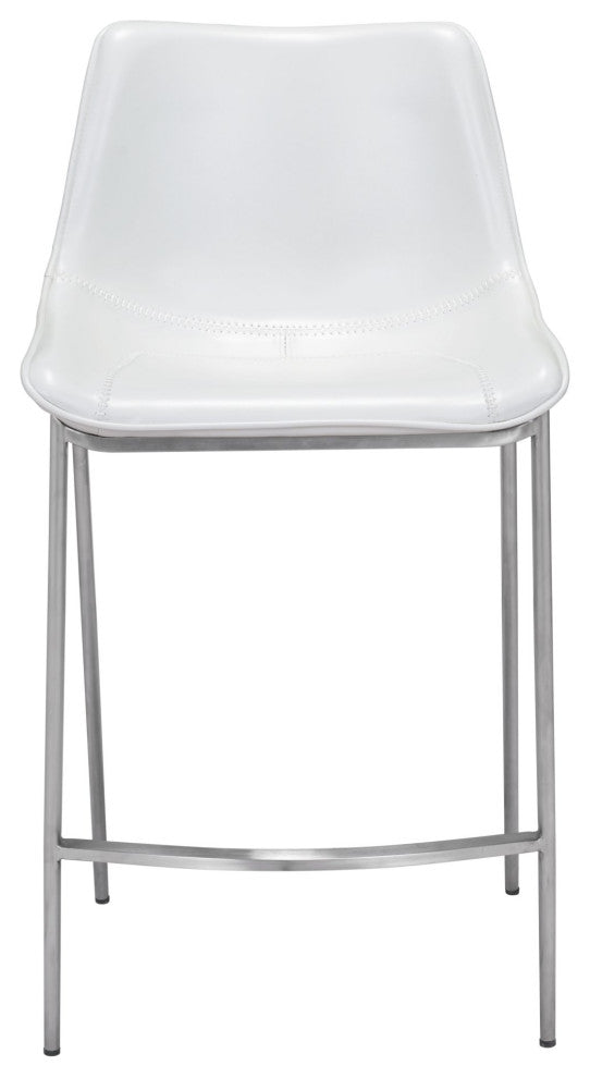 Counter Stool Chair, Set of 2, Faux Vinyl Leather, Steel, White, Silver, Cafe