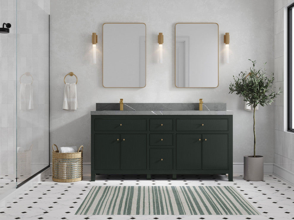 Sonoma 72 Double Sink Reeded Bath Vanity in Dark Forest Green 2" Piatra Gray