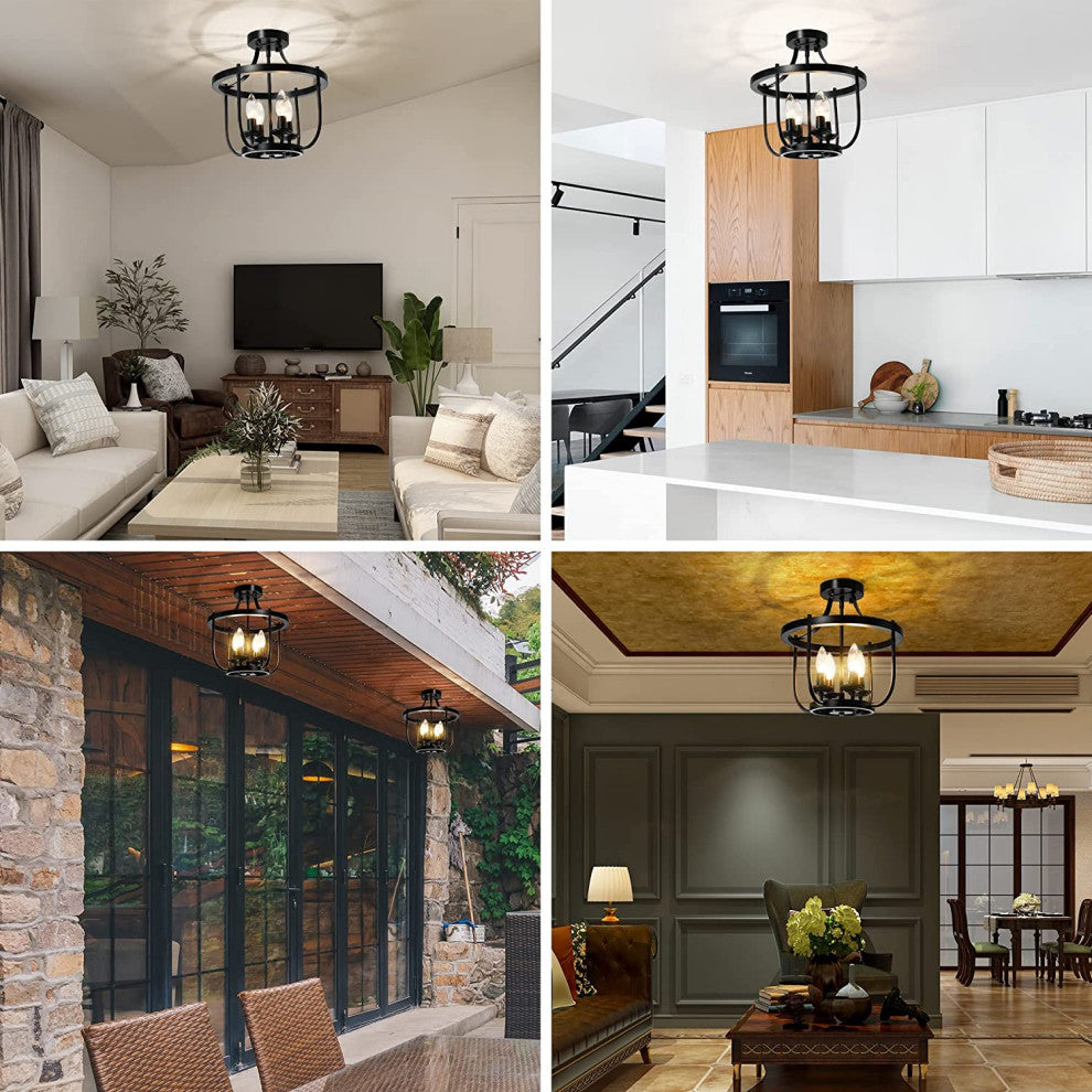 4 Light Semi Flush Mount Ceiling Lighting Fixture Farmhouse Black Cage Ceiling