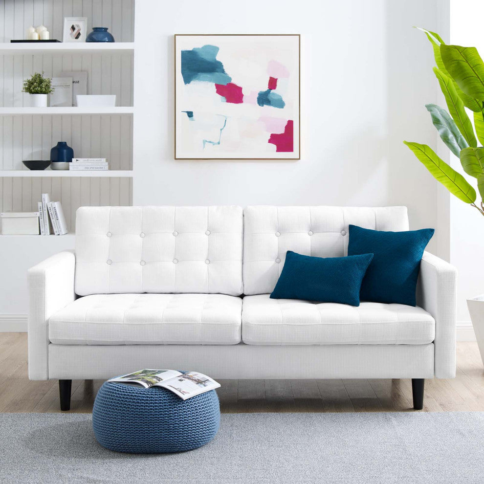 Tufted Sofa, Fabric, White, Modern, Living Lounge Room Hotel Lobby Hospitality