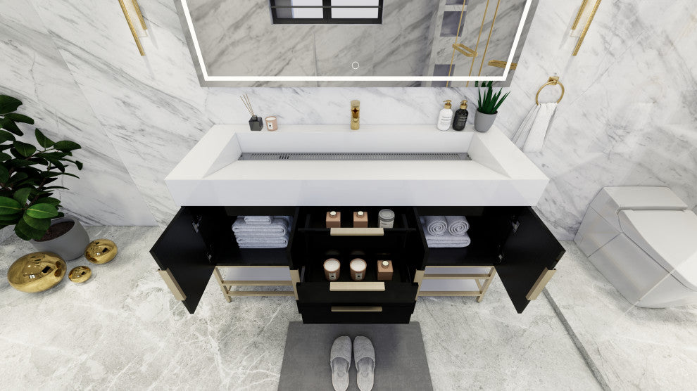 Madison 60" Free Standing Single Sink Vanity with Reinforced Acrylic Sink, High Gloss Black