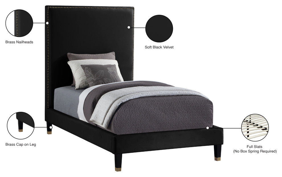 Harlie Velvet Upholstered Bed, Black, Twin