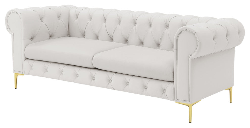 Nicole Miller Geraldine Sofa Button Tufted, 3 Seat, White Leather PU