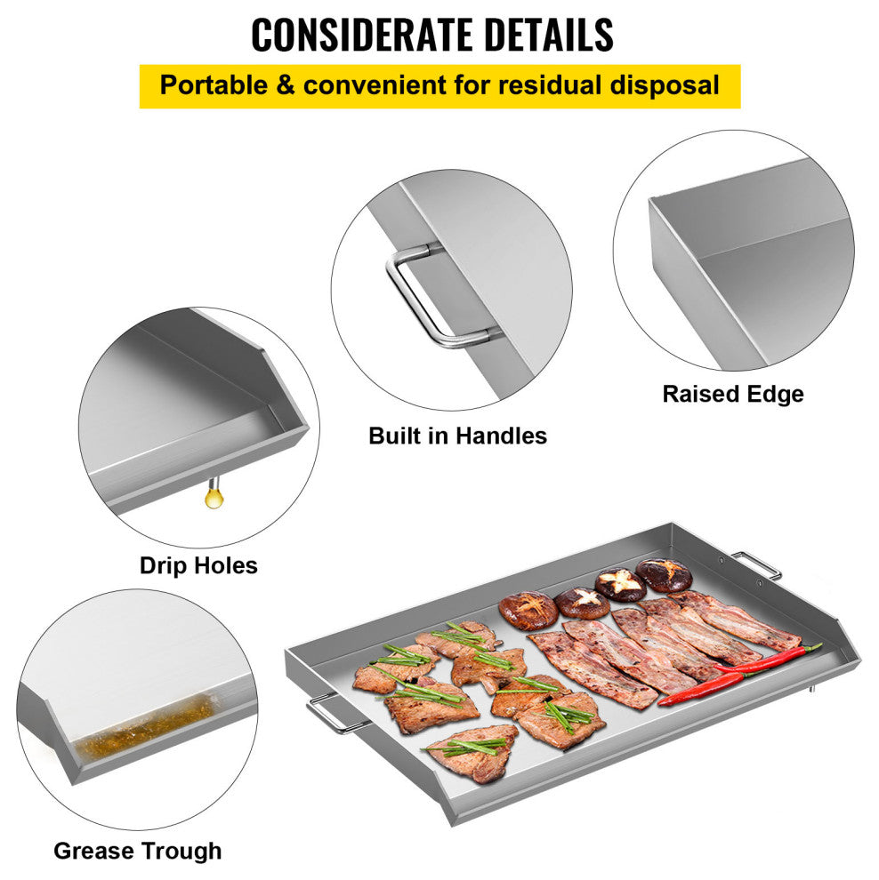 VEVOR 32" x 17" Stainless Steel Griddle Flat Top Grill Triple Griddle Cookware