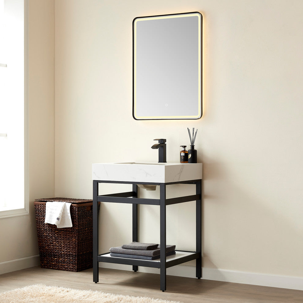 Funes Bath Vanity with Mirror, Matte Black Support, 24'''', White Stone Top
