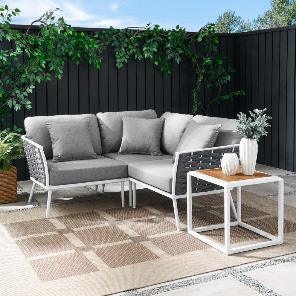Sectional Sofa Table Set, White Gray, Aluminum, Modern, Outdoor Patio