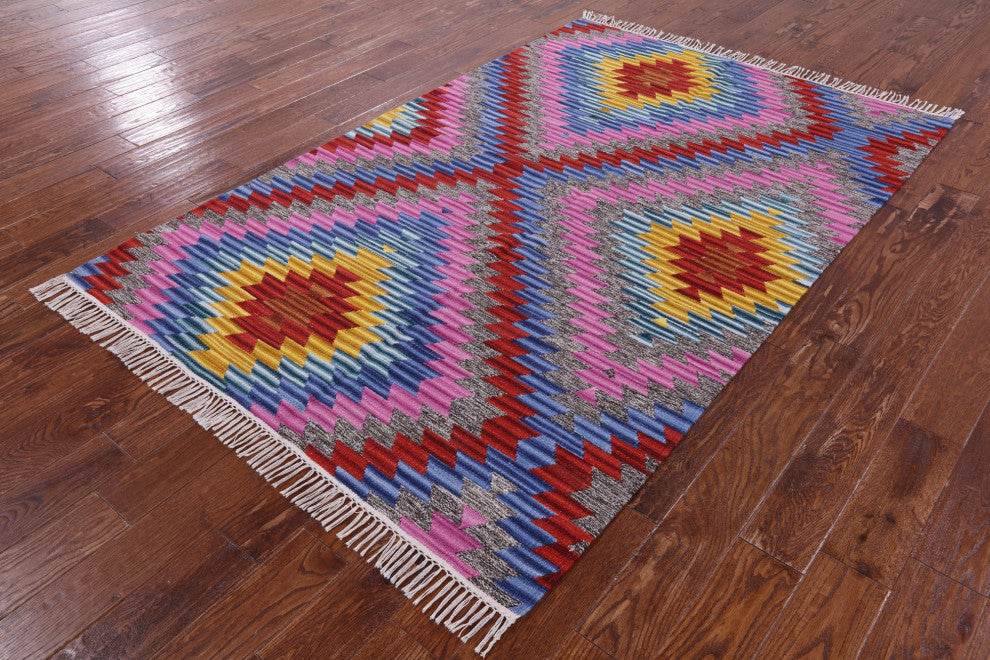 5' 0" X 8' 0" Reversible Kilim Flat Weave Wool Rug Q10542