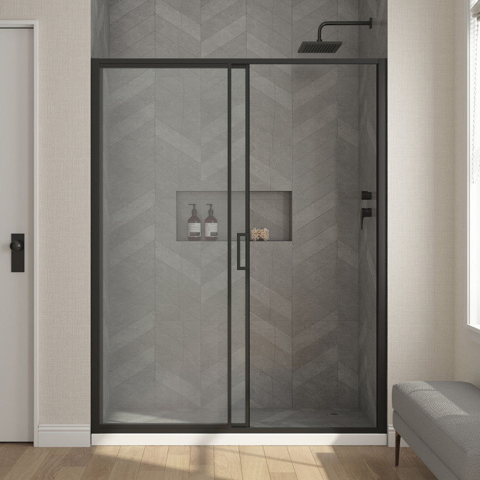 Stanford Sliding Fluted Alcove Shower Door, Black, Clear Glass, 60"