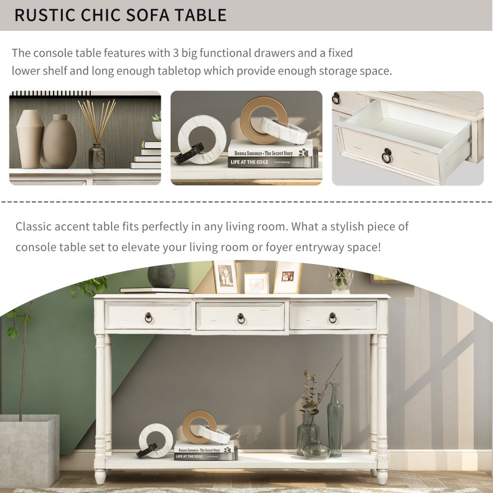 TATEUS 51inch Rustic Chic Console Table With Drawers for Living Room, Antique White