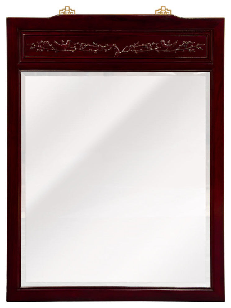 Dark Cherry Rosewood Flower and Bird Asian Vertical Mirror