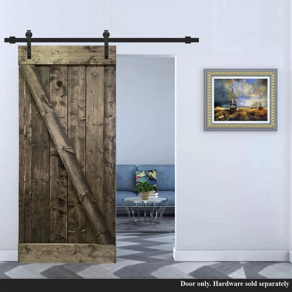 Stained Solid Pine Wood Sliding Barn Door, Espresso, 24"x84", Z Bar