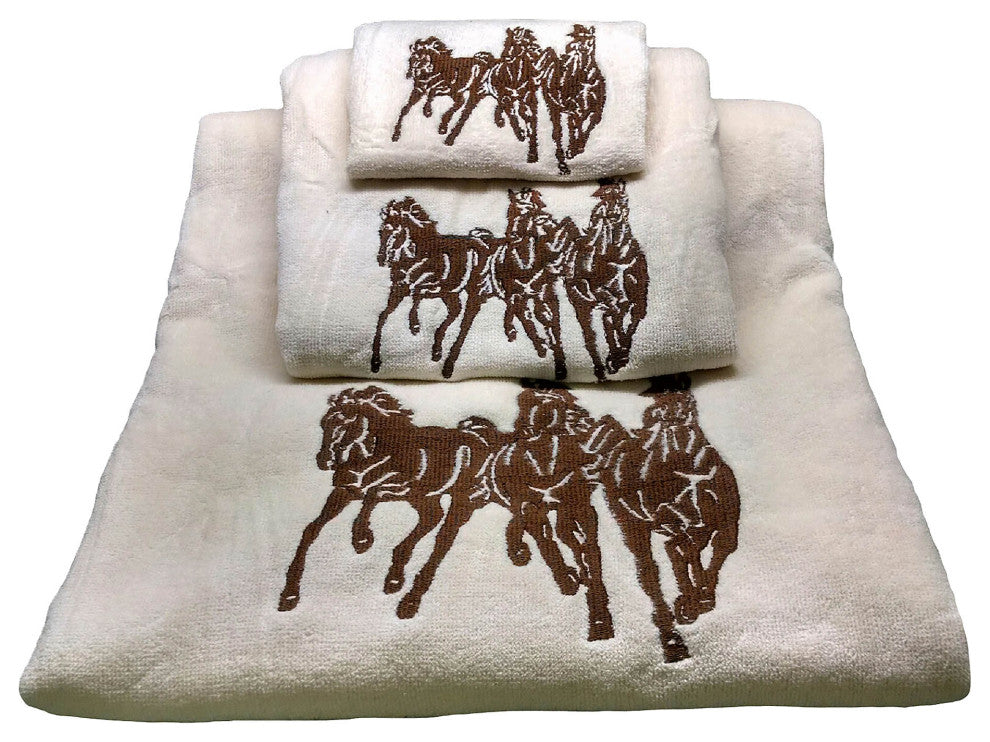 Embroidered 3 Horse Towel Set, Cream, 3 Piece