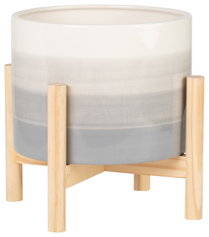 8" Ceramic Planter With Wood Stand, Beige Mix