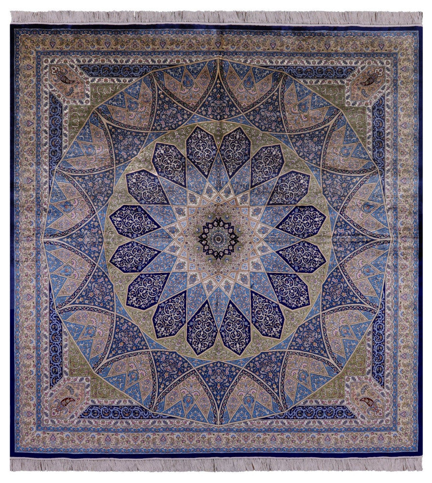 8' Square High End Persian 100% Silk Hand Knotted Rug Q4796