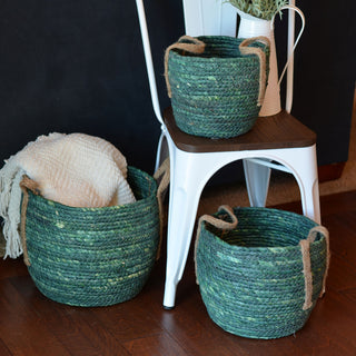 3 Piece Teal Green Wicker Baskets Set