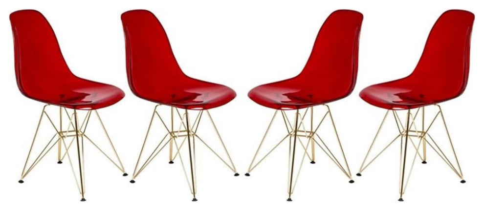 LeisureMod Cresco Plastic Dining Chair with Gold Base Set of 4 Transparent Red