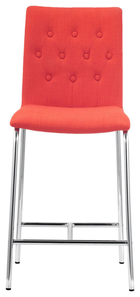 Counter Stool Chair, Set of 2, Steel Metal, Fabric, Orange, Chrome, Cafe Bistro
