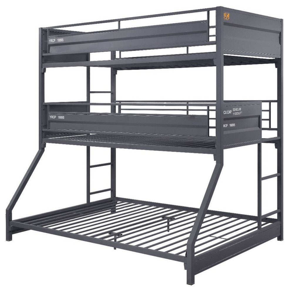 Benzara BM261750 Twin Over Twin Over Full Bunk Bed With Metal Frame, Gray