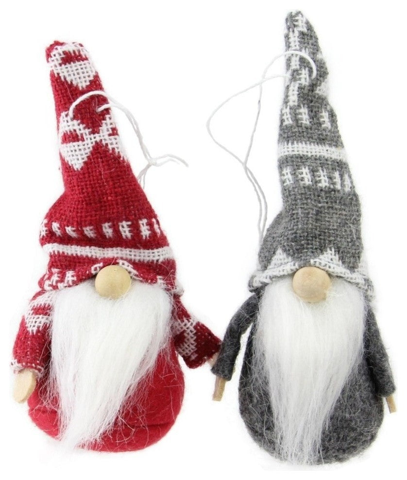 Gray and Red Santa Gnomes Hanging Christmas Ornaments 4", 2-Piece Set