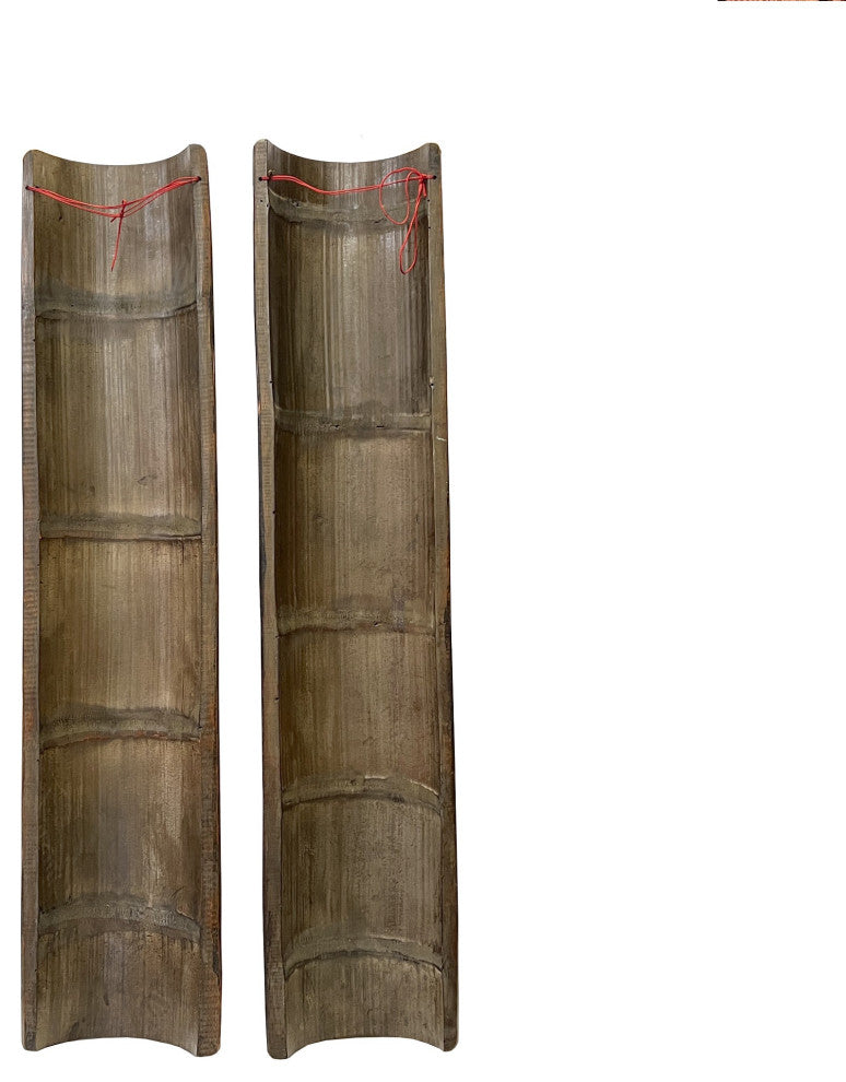 Pair Hand Carved Chinese Bamboo Calligraphy Landscape Panel Hws3048