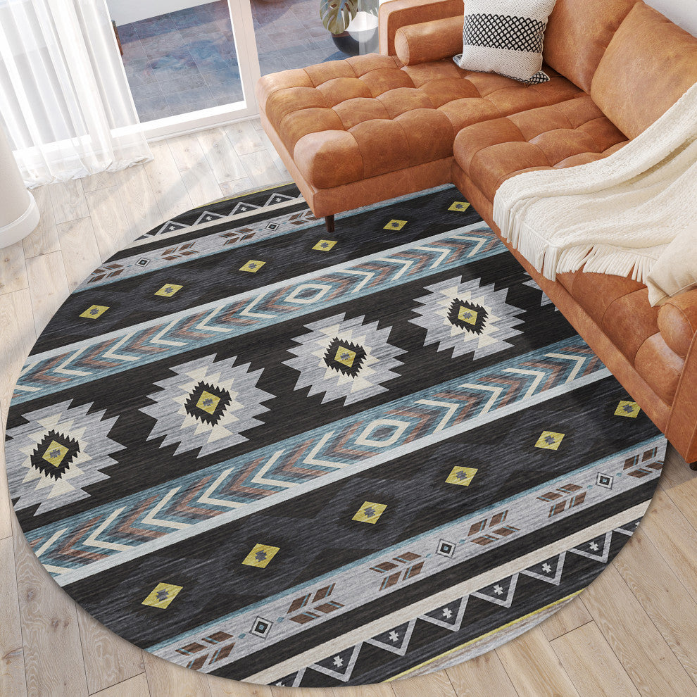 Indoor/Outdoor Phoenix PH3 Black Machine Washable 8' x 8' Round Rug
