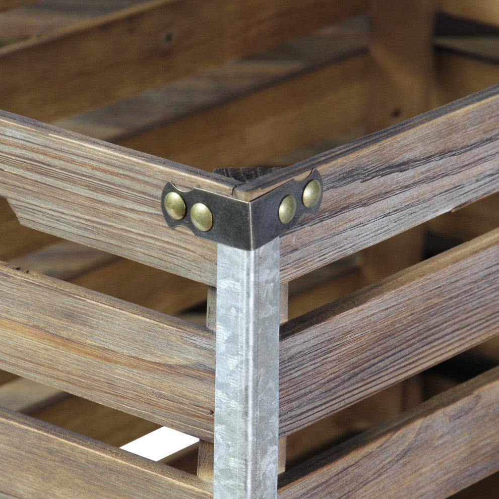 2-Piece Rectangular Wood Slat Storage Bench With Metal Accent and Lid