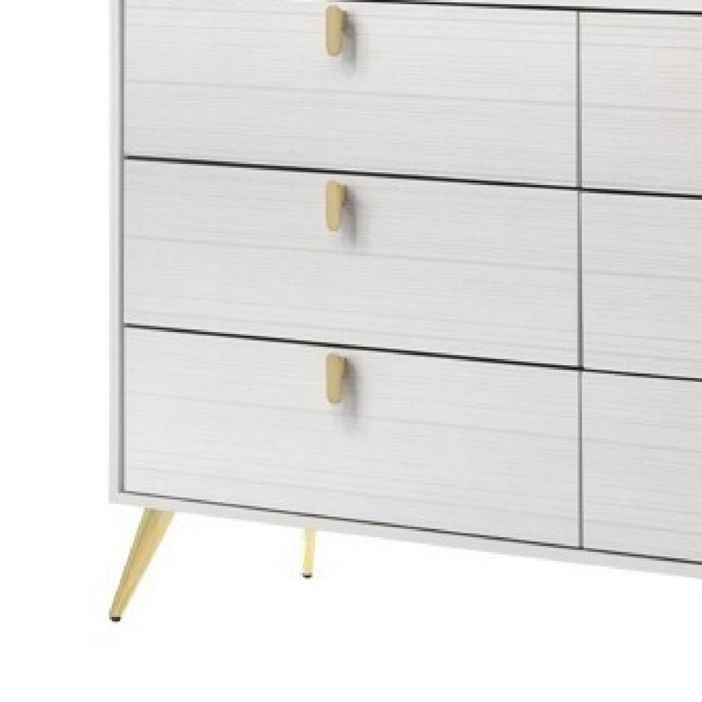 Benzara BM275715 Modern Wood Dresser With 6 Drawers, Metal Handles, White/Gold