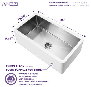 ANZZI Apollo Matte White Solid Surface Farmhouse 36" Single Bowl Kitchen Sink